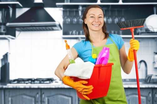 Commercial cleaning team maintaining a bright office lobby